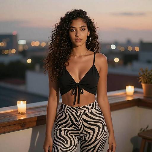 Photograph of a curly-haired woman with medium brown skin wearing a black tied crop top and zebra-patterned pants, standing on a balcony at dusk