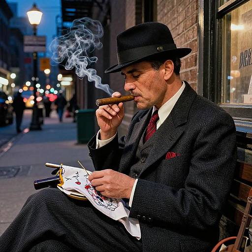 Photograph of a middle-aged man in a dark suit and fedora, smoking a cigar, reading a newspaper on a city sidewalk at dusk. Blue