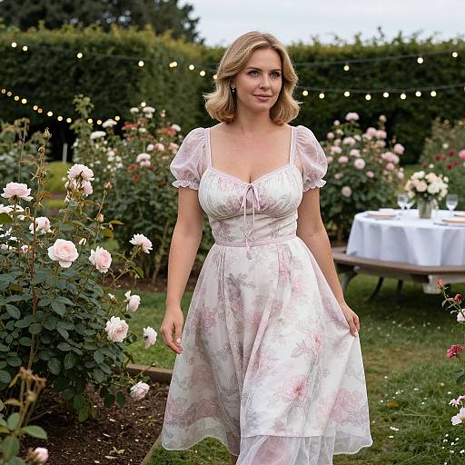 Blonde woman in a white floral dress stands in a blooming rose garden, with string lights and a table in the background. Photographic image.