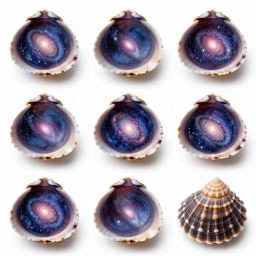 Digital image of nine glowing, galaxy-themed orbs in a grid, with a plaid, conical object in the bottom right.