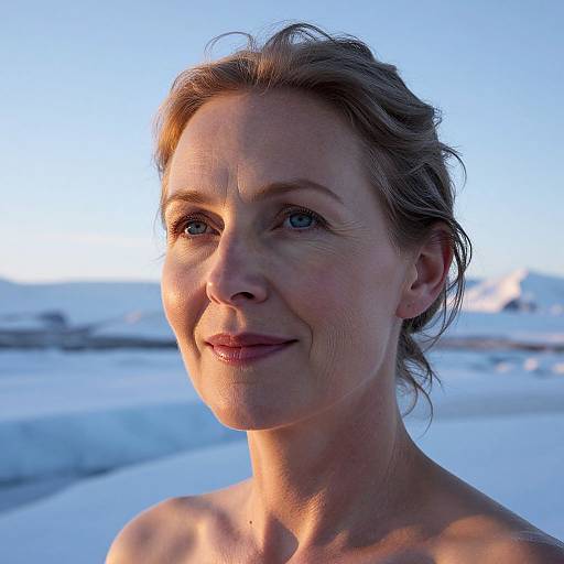 Photograph of a smiling woman with light brown hair and blue eyes, standing in a snowy landscape at sunset, with soft blue and orange lighting.