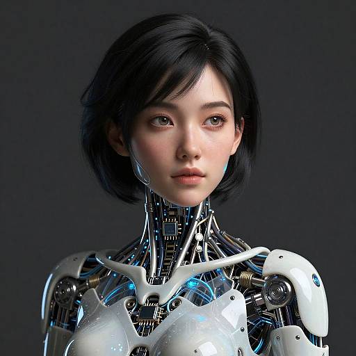 Porcelain Woman Cyborg with Black Hair