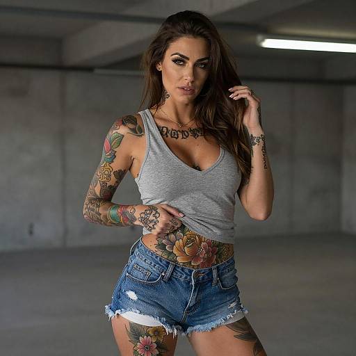 Tattooed Woman in Dim Basement