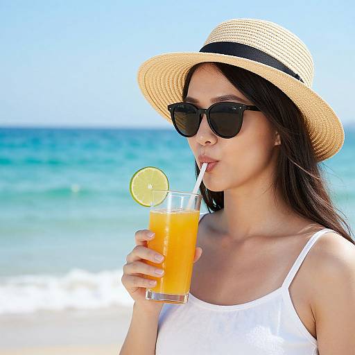 Photograph of a young woman with long dark hair, wearing a straw hat, black sunglasses, and white tank top, sipping an orange juice with
