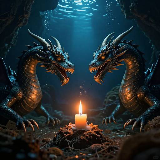 Photorealistic digital art of two fierce, blue-scaled dragons facing each other under a glowing candle in a dark, underwater cave.