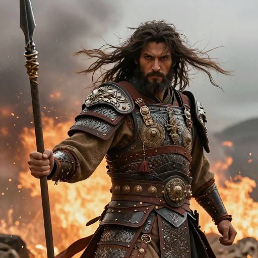 Photorealistic digital art of fierce, bearded warrior with long hair, holding spear, in detailed armor, standing before raging fire.