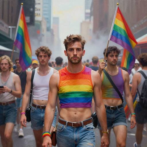 Photograph of muscular, bearded man in rainbow crop top and denim shorts, leading Pride parade with rainbow flags, surrounded by diverse, shirtless,
