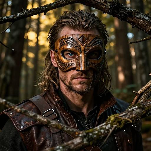Photorealistic digital art of a rugged, bearded man with long hair wearing a detailed, metallic, mask-like mask, framed by forest branches in