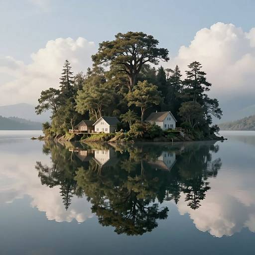 Photograph of a small, tree-covered island with two white houses, perfectly reflected in a calm, mirror-like lake under a clear sky.