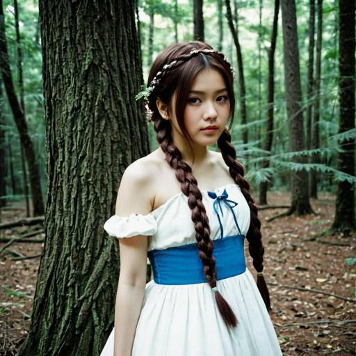 Cosplay Girl with Twin Braids in Forest