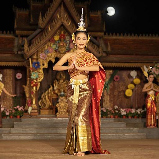 Photograph of an Asian dancer in a golden sequined outfit and red sash, ornate headdress, standing on stage with a traditional wooden temple