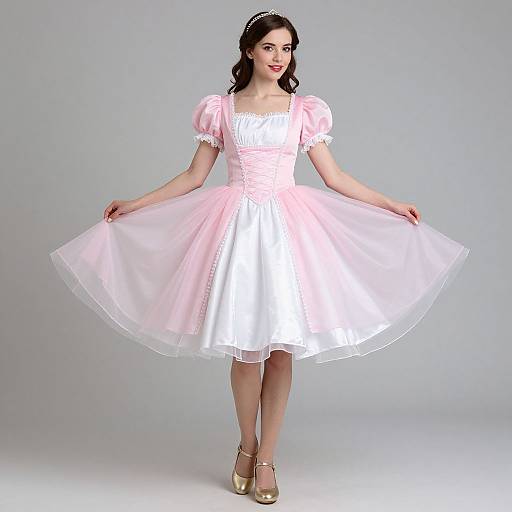 Photograph of a young woman with fair skin, dark hair, wearing a pink and white puffed-sleeve dress, gold shoes, and a