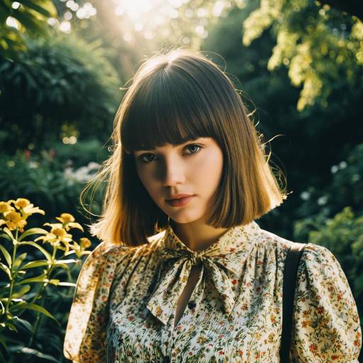Young woman with blunt bangs in floral blouse