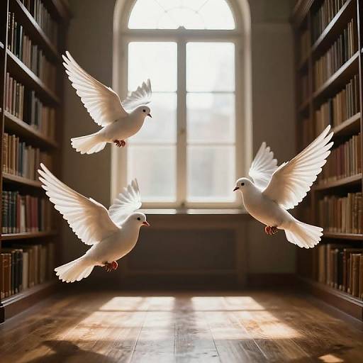 Photograph of three white doves mid-flight in a dimly lit library with wooden bookshelves, sunlit large arched window, and polished