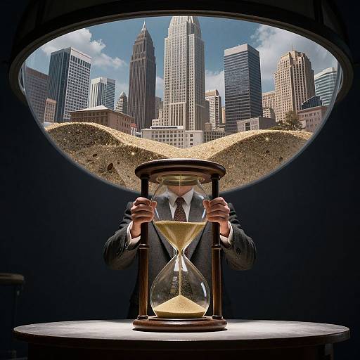 Photograph: Businessman in suit holding hourglass, viewed through window frame filled with sand, skyscrapers and blue sky in background. Time symbolism