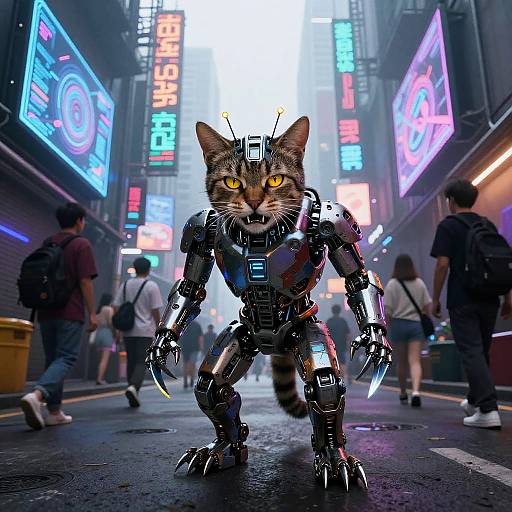 Cyborg Stray Tabby in Neon Alley