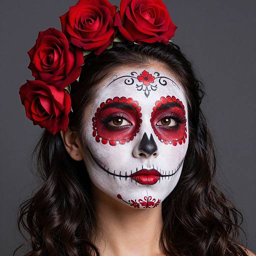 Photograph of a woman with white face paint, red sugar skull design, and black eye details, wearing red roses in her hair, against a dark