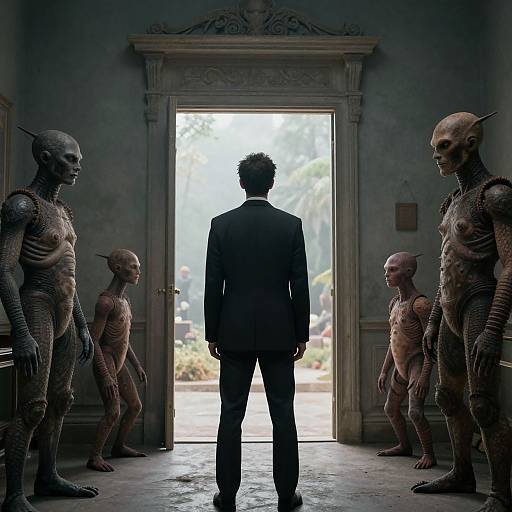 Photorealistic CGI: Silhouetted man in suit stands in doorway, facing four humanoid, skeletal, alien creatures with pointed ears and textured skin