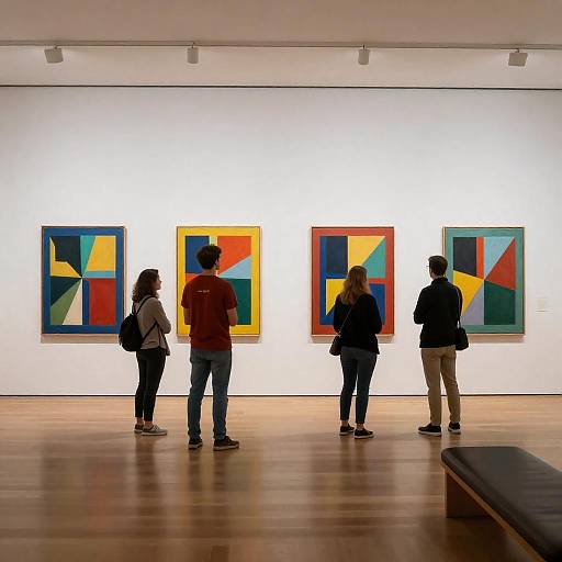 Gallery Visitors Viewing Bright Abstract Art