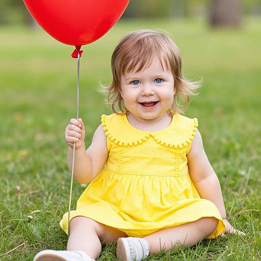 Photograph of a smiling, blue-eyed, brown-haired toddler in a bright yellow dress, sitting on grass, holding a red balloon.