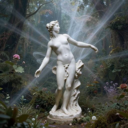 Photograph of a white marble statue of a nude, fairy-like figure with translucent wings, standing in a lush, sunlit garden.