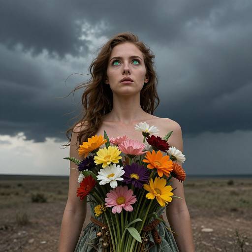 Photograph of a young woman with wavy brown hair, green eyes, and fair skin, holding a vibrant bouquet of flowers against a dark, storm
