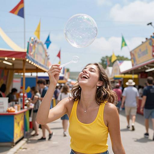 Photograph of a smiling woman in a yellow tank top blowing a bubble at a vibrant, sunny outdoor fair with colorful stalls and flags in the background.