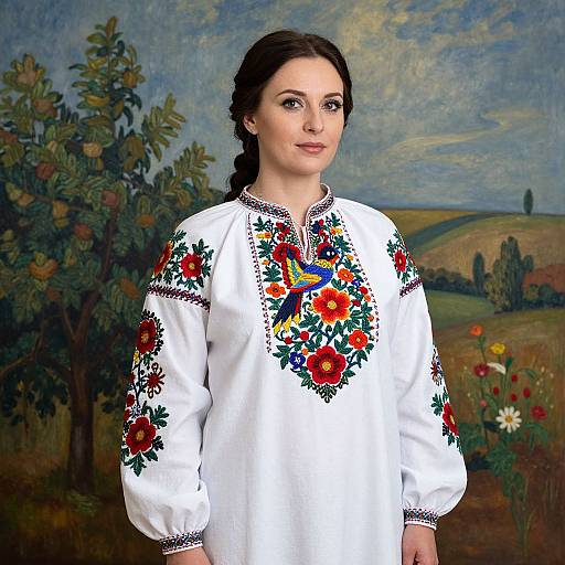 Photograph of a fair-skinned woman with dark braided hair, wearing a white embroidered floral blouse, standing against a painted countryside backdrop.