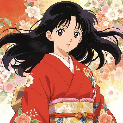 Anime-style drawing of a young woman with black hair, wearing a red floral kimono, against a vibrant floral background.
