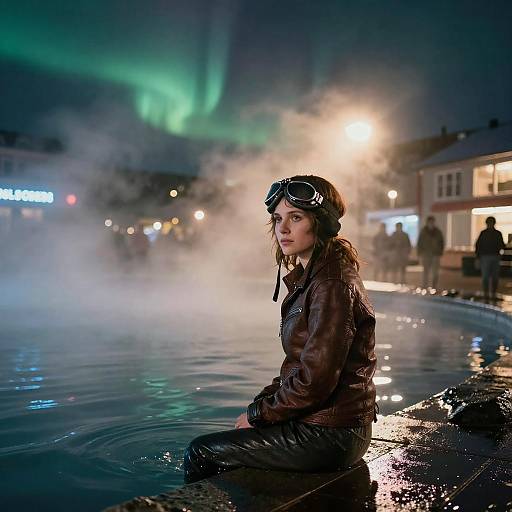 Young Aviator by Reykjavik Geothermal Pool at Night