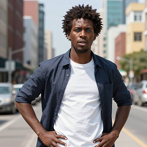 Photograph of a confident black man with short curly hair, blue eyes, wearing a white t-shirt and dark blue button-up shirt, standing on a
