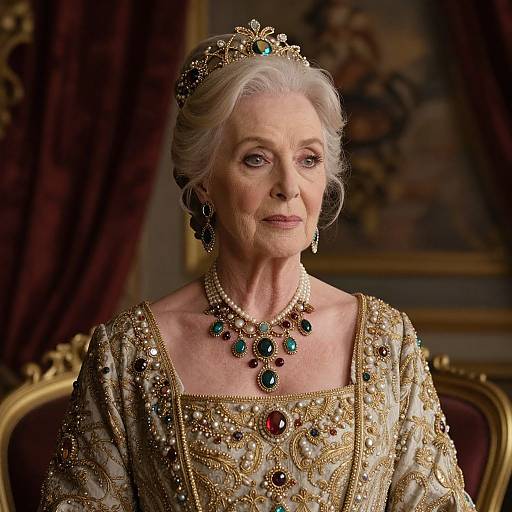 Photograph of an elderly, white-haired queen in an ornate, gold-embellished gown and intricate jewelry, seated against a richly decorated
