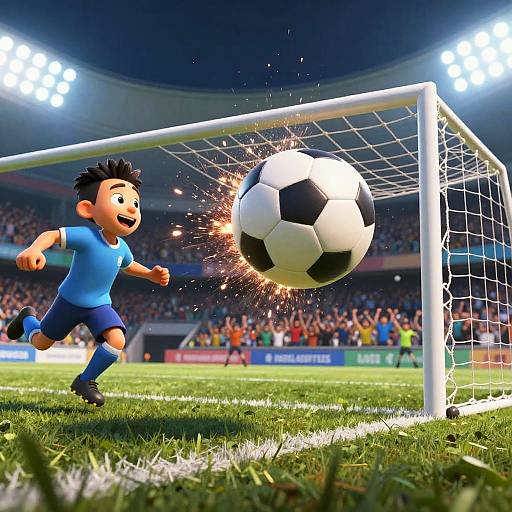 Digital cartoon of a black-haired boy in a blue soccer uniform, kicking a black-and-white soccer ball into a brightly lit goal, with sparks flying and