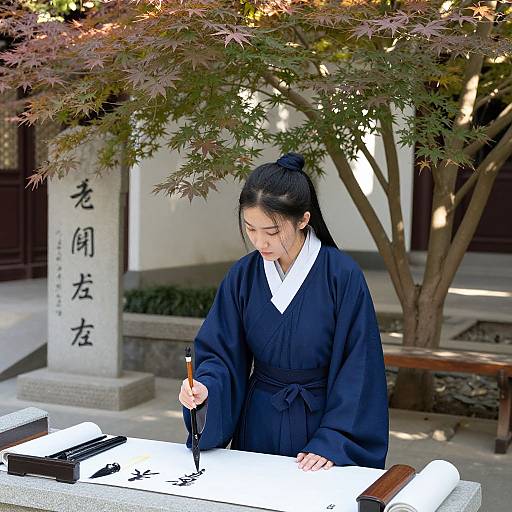 Photograph of an Asian woman in a black kimono writing calligraphy under a pink-leaved tree in a traditional Japanese shrine.