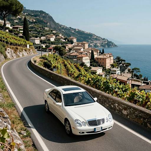 Photograph of a sleek white luxury sedan driving on a winding coastal road, passing picturesque Mediterranean village with blue sea and hilly landscape in the background.