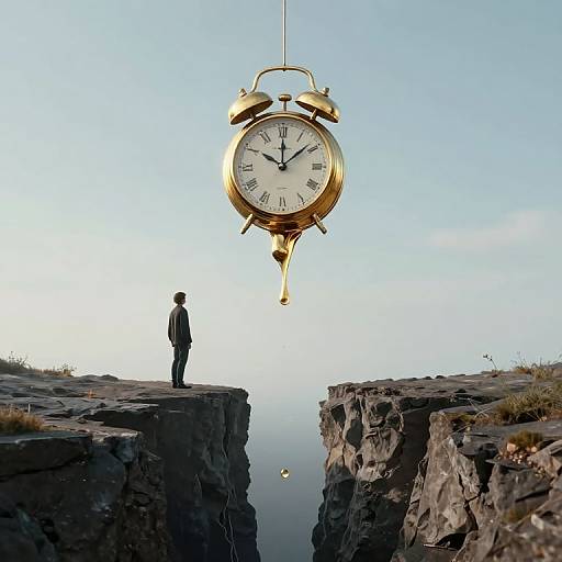 Photograph of a man in a suit standing on a cliff, gazing at a large, hanging, golden alarm clock between two rocky cliffs against a
