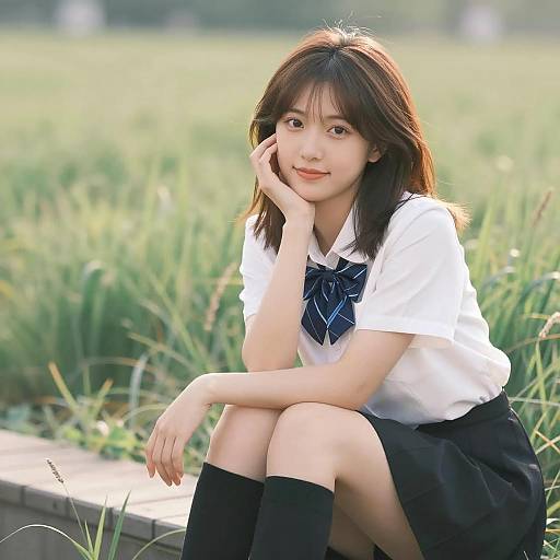 Young Woman Sitting Outdoors in School Uniform