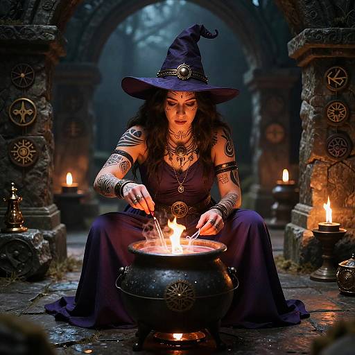 Curvy Witch Brewing Potion in Stone Circle