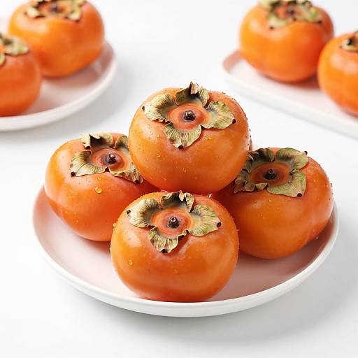 Photograph of a white plate piled with bright orange cherry tomatoes, each with a green, brown-stemmed top, set against a white background.