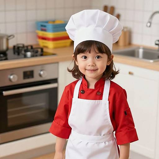 Photograph of a smiling young Asian girl in a red chef's uniform and white apron, wearing a tall white chef hat, standing in a bright