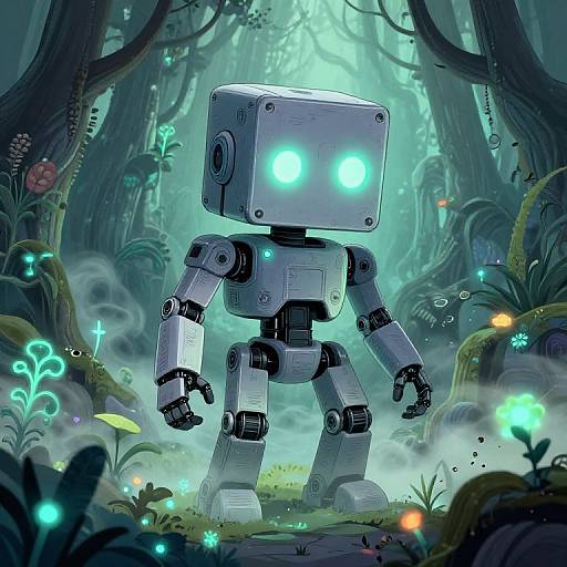 Glowing Boxhead Robot in Enchanted Forest