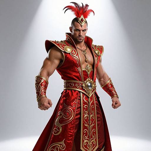 Photograph of a muscular man in a red, gold-accented gladiator outfit with a red feathered headpiece, standing with fists clenched