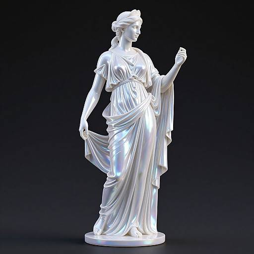 Photograph of a white marble statue of a classical Greek-style woman in flowing gown, holding fabric, with raised arm, against black background.