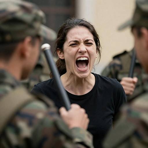 Woman in Distress Surrounded by Soldiers