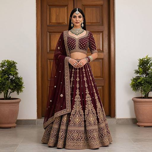 Photograph of a South Asian woman in a maroon and gold traditional lehenga, adorned with intricate embroidery, standing in front of a wooden door with