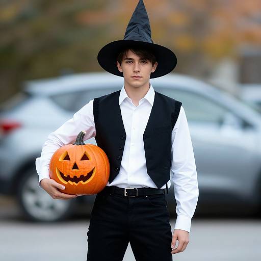 Photograph of a young man with pale skin, dark hair, wearing a black witch hat, white shirt, black vest, and pants, holding a