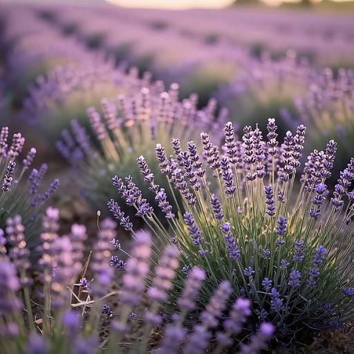 Photograph of a lavender field at sunset, showcasing vibrant purple flowers in sharp focus, with a softly blurred background of more lavender, creating a dreamy