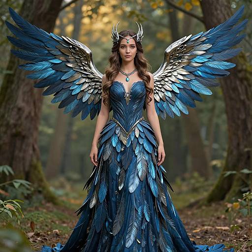 Elegant Winged Woman in Enchanted Forest