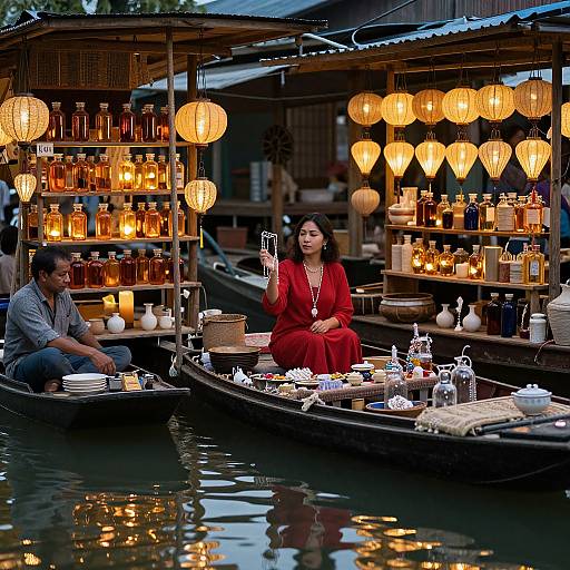 Photograph of a nighttime floating market with warm, glowing lanterns, a woman in a red dress serving tea, and a man sitting across from her