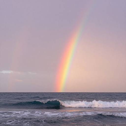 Photograph of a serene ocean with gentle waves, under a pastel pink and purple sky, featuring a bright rainbow arc from the setting sun.